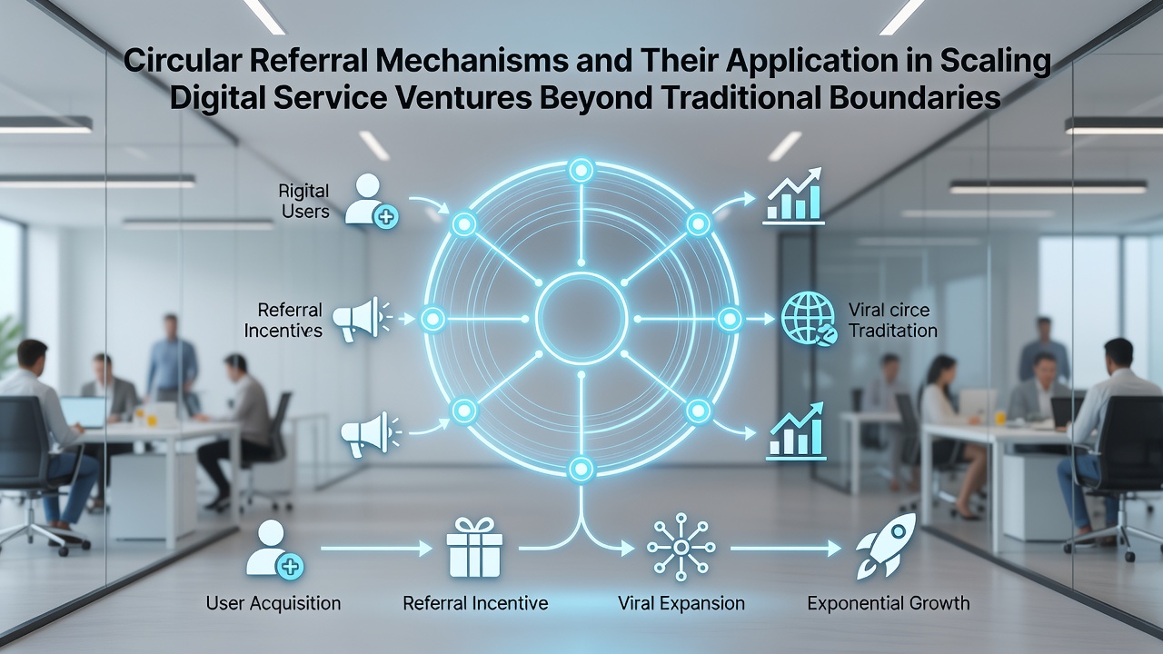 Flowchart of referral cycles scaling digital ventures with user growth metrics